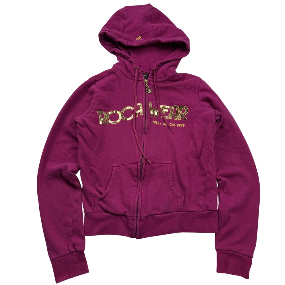 VTG Y2K Rocawear Magenta Full Zip Hoodie Gold Sequin Logo McBling Small Sequins